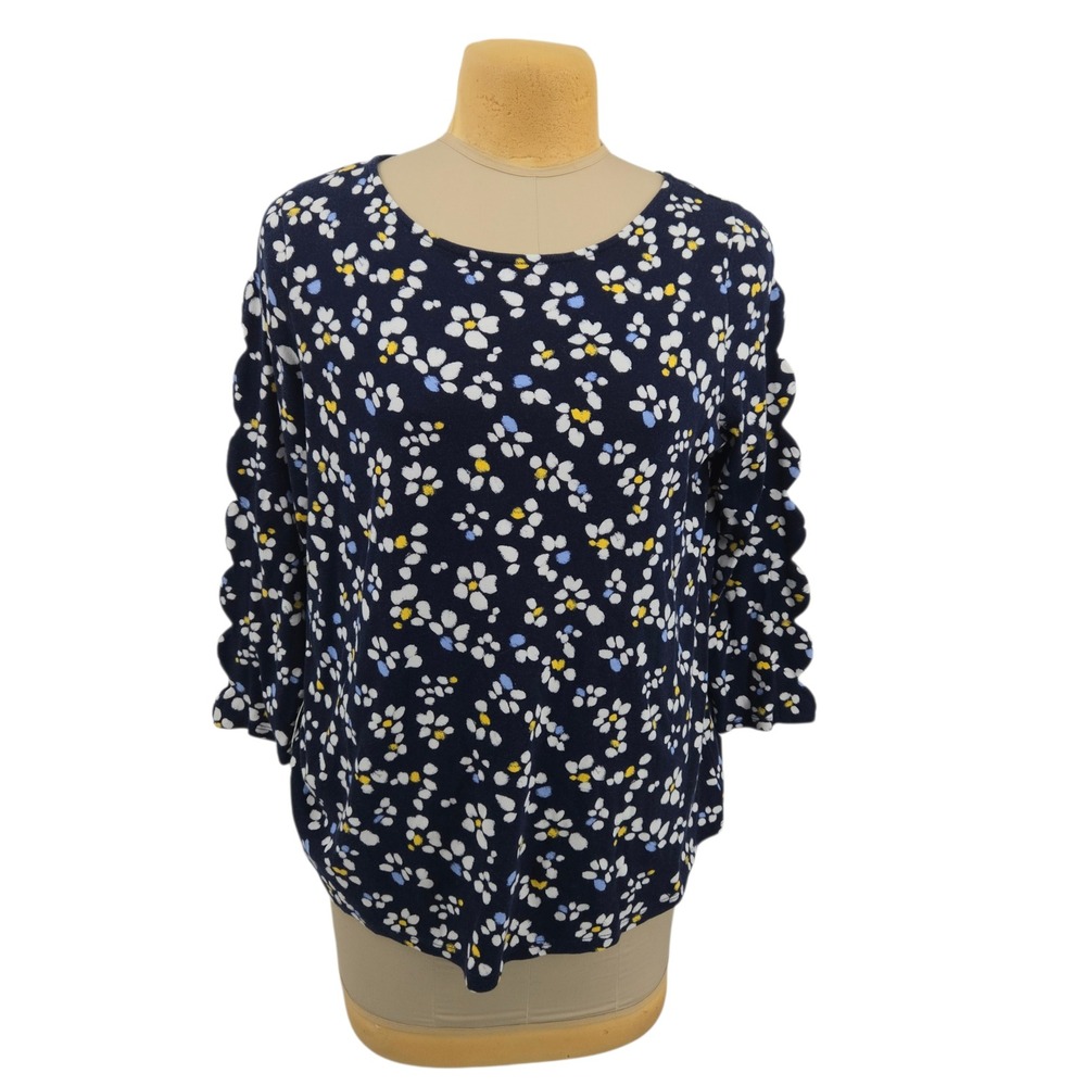 Kim Rogers Floral Top Womens Large Blue 3/4 Sleeve Lattice Cut Out Casual Daisys